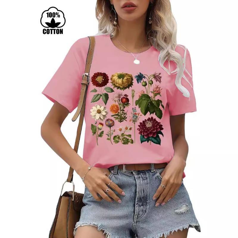 Floral Print Casual T-shirt 100% Polyester Short Sleeve round Neck Women's Graphic Top Aesthetic Summer Fashion