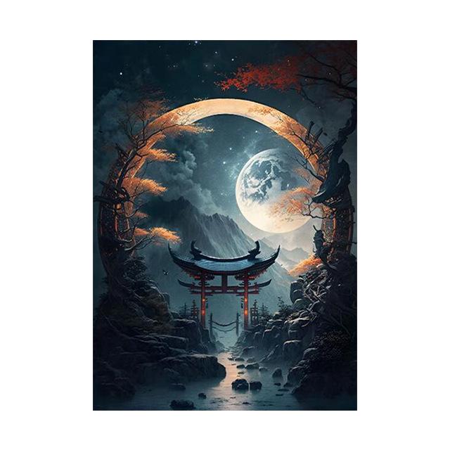 

Залитый лунным светом японский фэнтезийный пейзаж, ворота, холст-мурал - современное настенное искусство для спальни и гостиной 20x30 Frameless