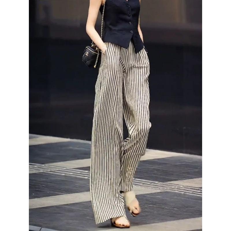 

Women s High Waist Wide Leg Pants Black White Vertical Striped Loose Casual Office Fashion Trousers S чёрный