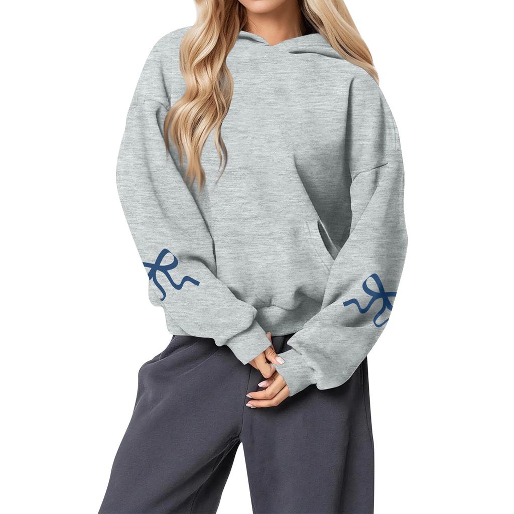 Damenmode Damen Leichter Langarmpullover mit Taschen Preppy Graphic Hoodie