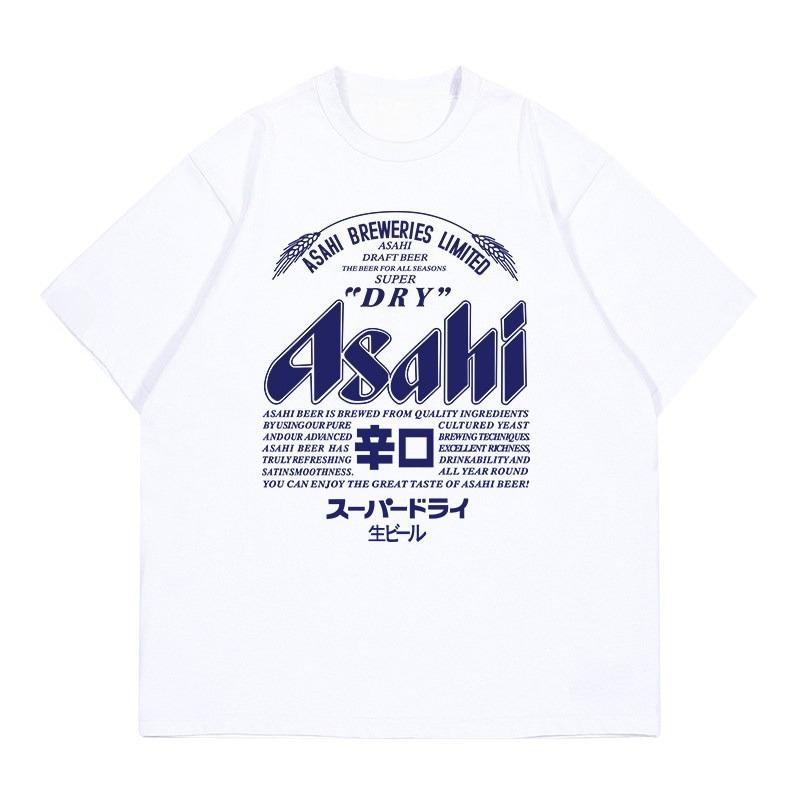 Summer High Quality Japanese Asahi Beer Tshirt Summer Unisexs and Womens Unisex Retro American Casual ShortSleeved Clothing S