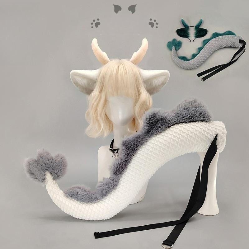 Handwork Little Dragon Ears Tail Set Fursuit Cosplay Costume Furry Animal Tails Ear Headband Halloween Party Suit For Women Men