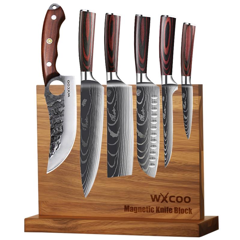 Damascus Steel Pattern Chef Knife Japanese Santoku Knives Butcher Cutting Meat Double-sided Magnetic Knife Block