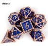 7 Stück blaue goldene Fischschuppen-Metallwürfel aus massivem Metall, polyedrisches Würfelset, geeignet für Rollenspiele, RPG-Brettspiele, Kartenspiele