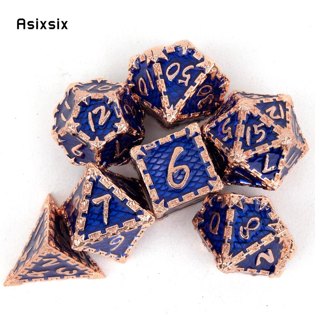 7 Stück blaue goldene Fischschuppen-Metallwürfel aus massivem Metall, polyedrisches Würfelset, geeignet für Rollenspiele, RPG-Brettspiele, Kartenspiele