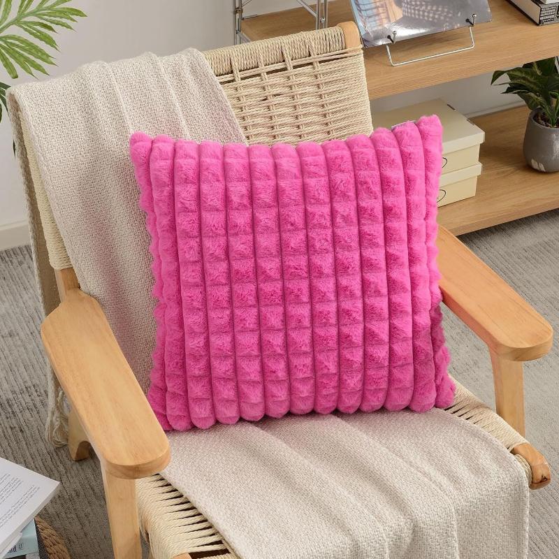 Winter New Imitation Rabbit Fur Pillow Cover Solid Color Grid Splicing Jacquard Plush Square Cushion Cover White Soft Pillowcase