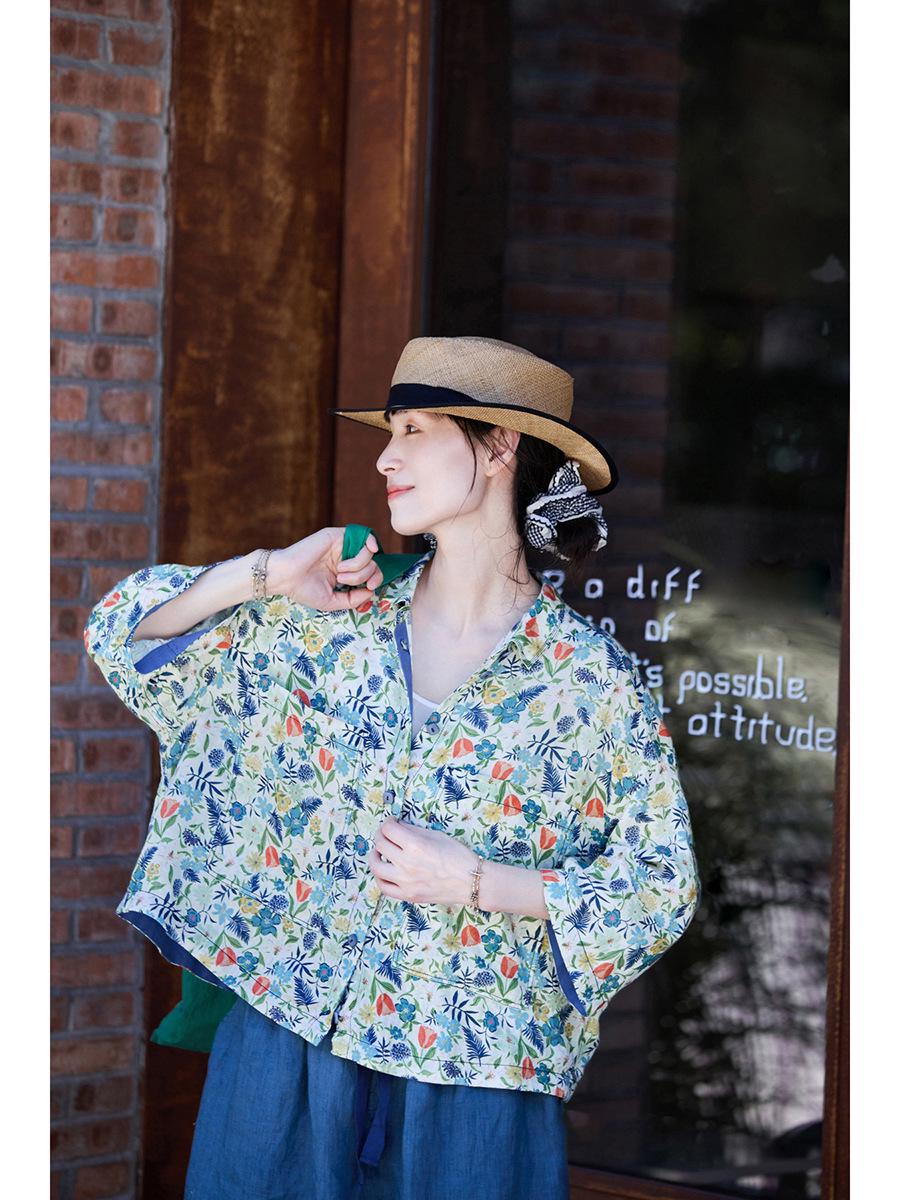 Autumn Artistic Retro Floral Blue Linen Sun Protection Casual Shirt Medium