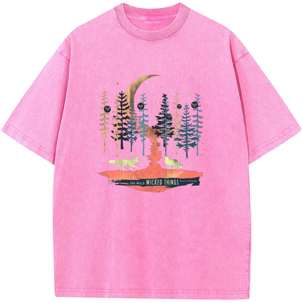 Camiseta Unisex Lavada Floresta Novidade Algodão Verão Gola O Descolorida Camiseta Engraçada Casual Solta Bleach Tops Tee