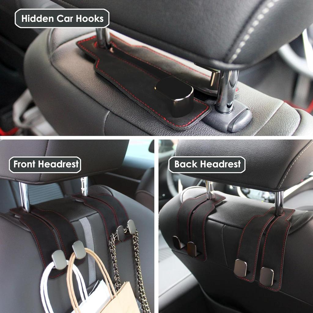 Purse Hook For Car, Thickened Leather Sturdy Metal Purse Holder For Car - Car Headrest Hangers, Bag Hooks For Car (Black - 2 Pack)