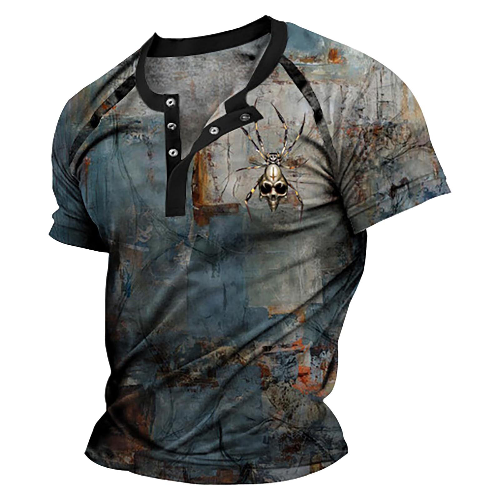 

Men s Retro Print Stand Collar Three-button Neck Commemorative Short-sleeved Shirt Top XL Темно-синій
