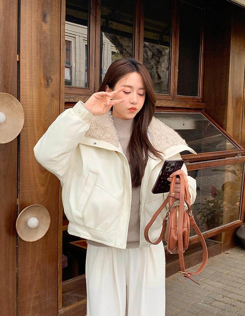 Short Lamb Wool Lapel PU Jacket