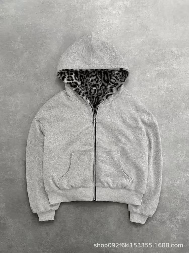 Women's Hooded Long Sleeve Zip Up Hoodie Loose Fit Streetwear Reversible Leopard Print Pocket Sweatshirt Top