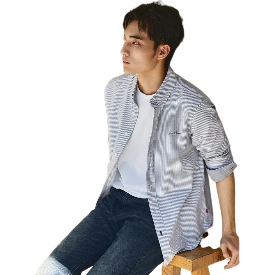 Levis Comfortable Casual Loose Solid Color Embroidered Long Sleeve Shirt Men shirts Blue 0017V-0001