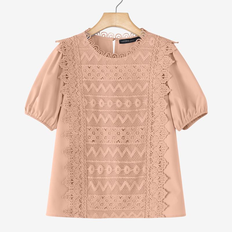 ZANZEA Women Casual Round Neck Short Sleeve Loose Crochet Patchwork Blouse