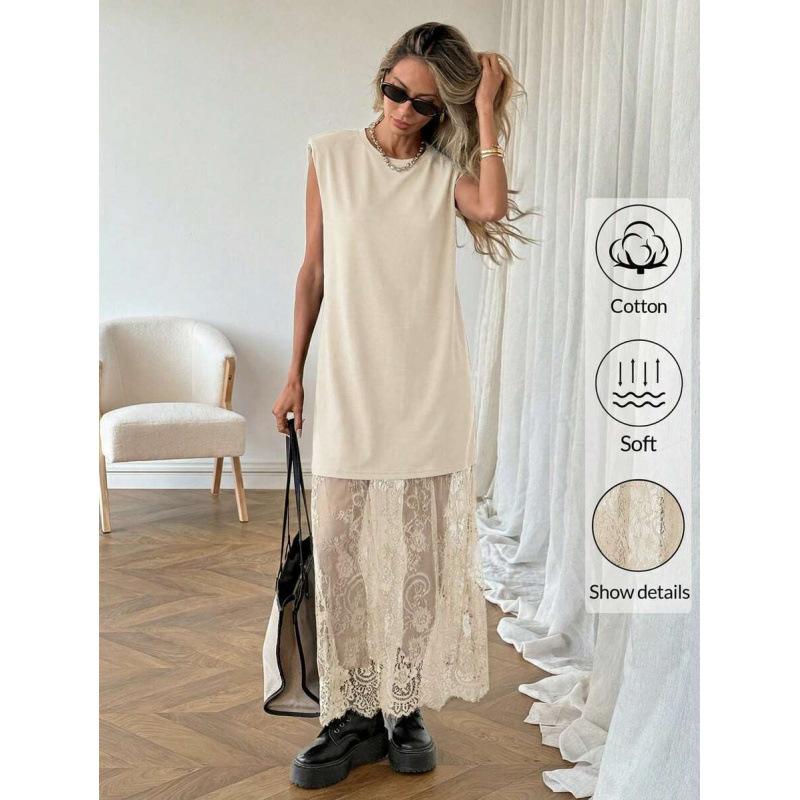 European French casual retro floral pattern lace splicing round neck sleeveless long dress XS абрикосовый