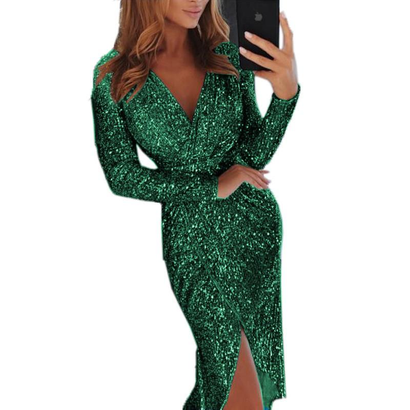 Elegante V-hals Lange Mouwen Pailletten Avondjurk Dames 2026 Formele Feestjurk Slim Fit Middellang