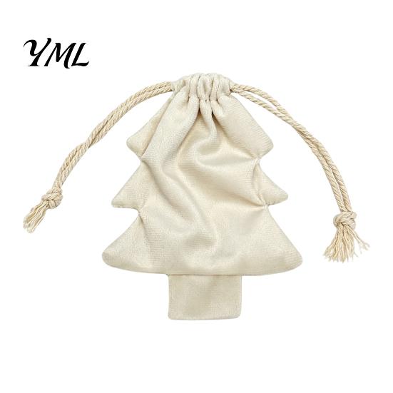 Reusable Fabric Gift Wraps Christmas Tree Shaped Bag, Drawstring Treat Goody Bags with Pompoms Decorative Xmas Accessories Bells, Winter Present