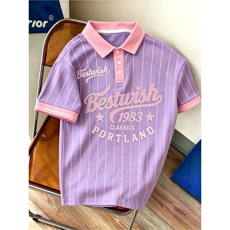 Amerikanisches Herren Sommer Retro 1983 Gestreiftes Buchstabenprint Bequemes Atmungsaktives Polo Kurzarm T-Shirt Outdoor Lässiges Oberteil