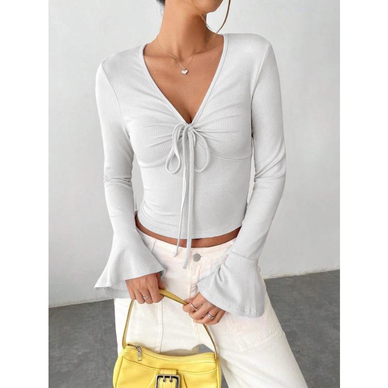 Women's Fall/winter Urban Bell Sleeves V-neck Buckle