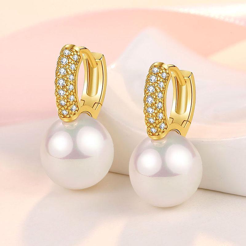 Korean Pearl Geometric Earrings with Rhinestones, 925 Sterling Silver, Versatile Ear Drops for Women
