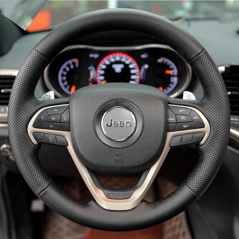 

Hand-stitched non-slip Black leather car steering wheel cover For Grand Cherokee 2014 - car Interior style 1