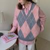 V Neck Vintage Argyle Sweater Vest Women Sleeveless Plaid Knitted Oversized Sweaters Casual Autumn Preppy Style C-223