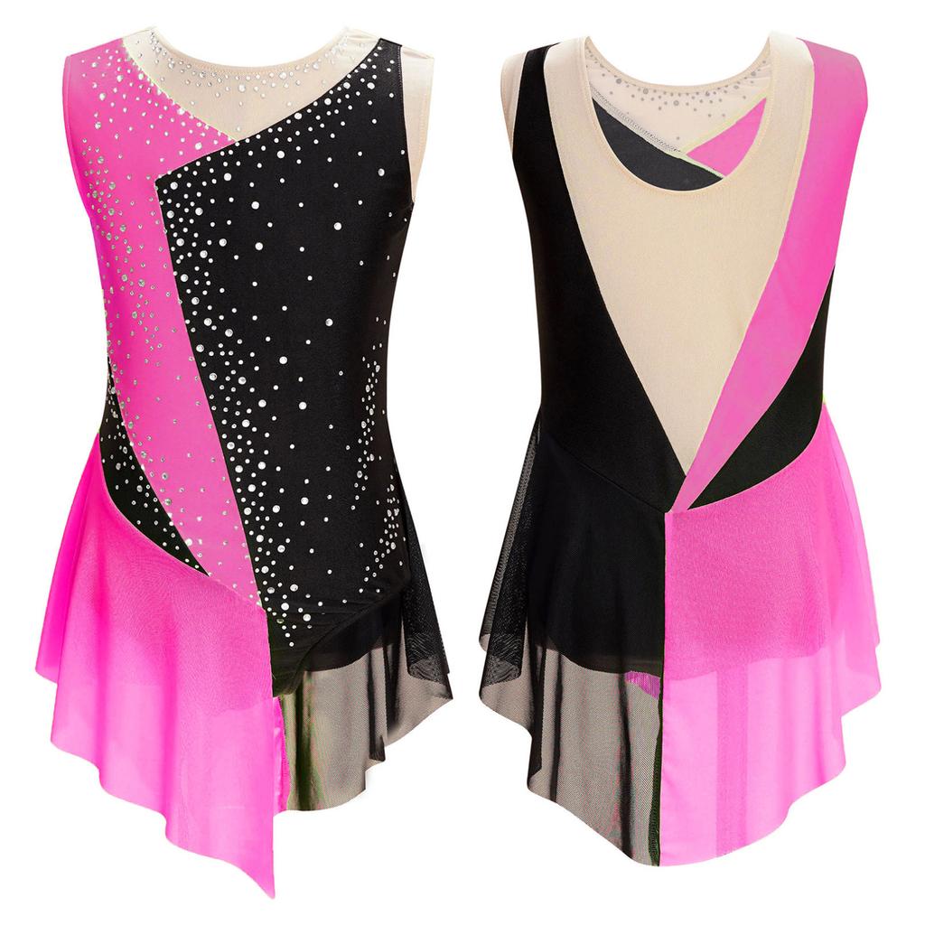 Kids Girls Sparkly Rhinestone Leotard Sheer Mesh Patchwork Sleeveless Dance Gymnastics Figure Skating Dress