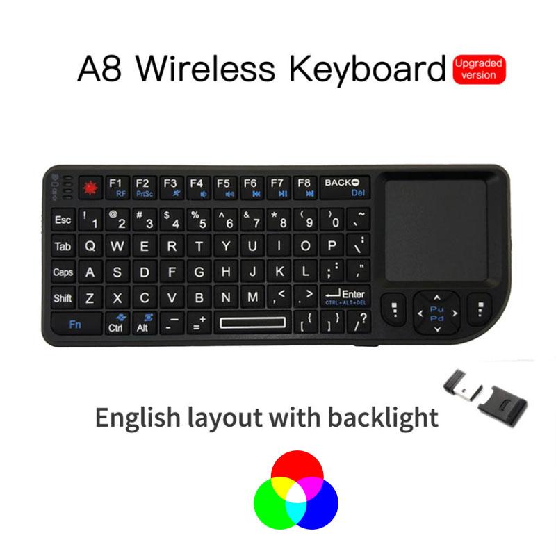 Mini 2,4G RF Wireless Tastatur Spanisch Französisch Russisch Englisch Tastatur Hintergrundbeleuchtung Touchpad Maus für PC Notebook Smart Tv Box English with RGB backlight black
