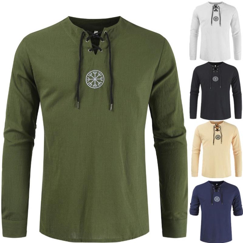 Stylish Medieval Men's Long Sleeve Lace Up Solid Color Retro Cosplay Costume T-shirt