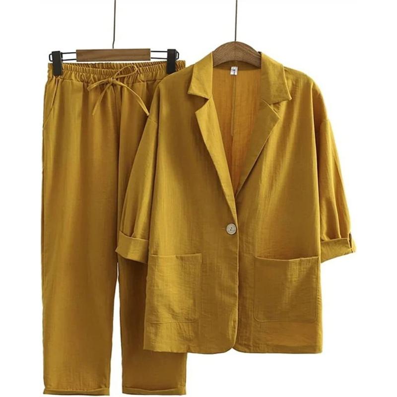 Spring Summer Women Cotton Linen Blazer Suit Solid Notched Long Sleeve Coat+Pants 2pcs Leisure Loose All-Matched Female Sets