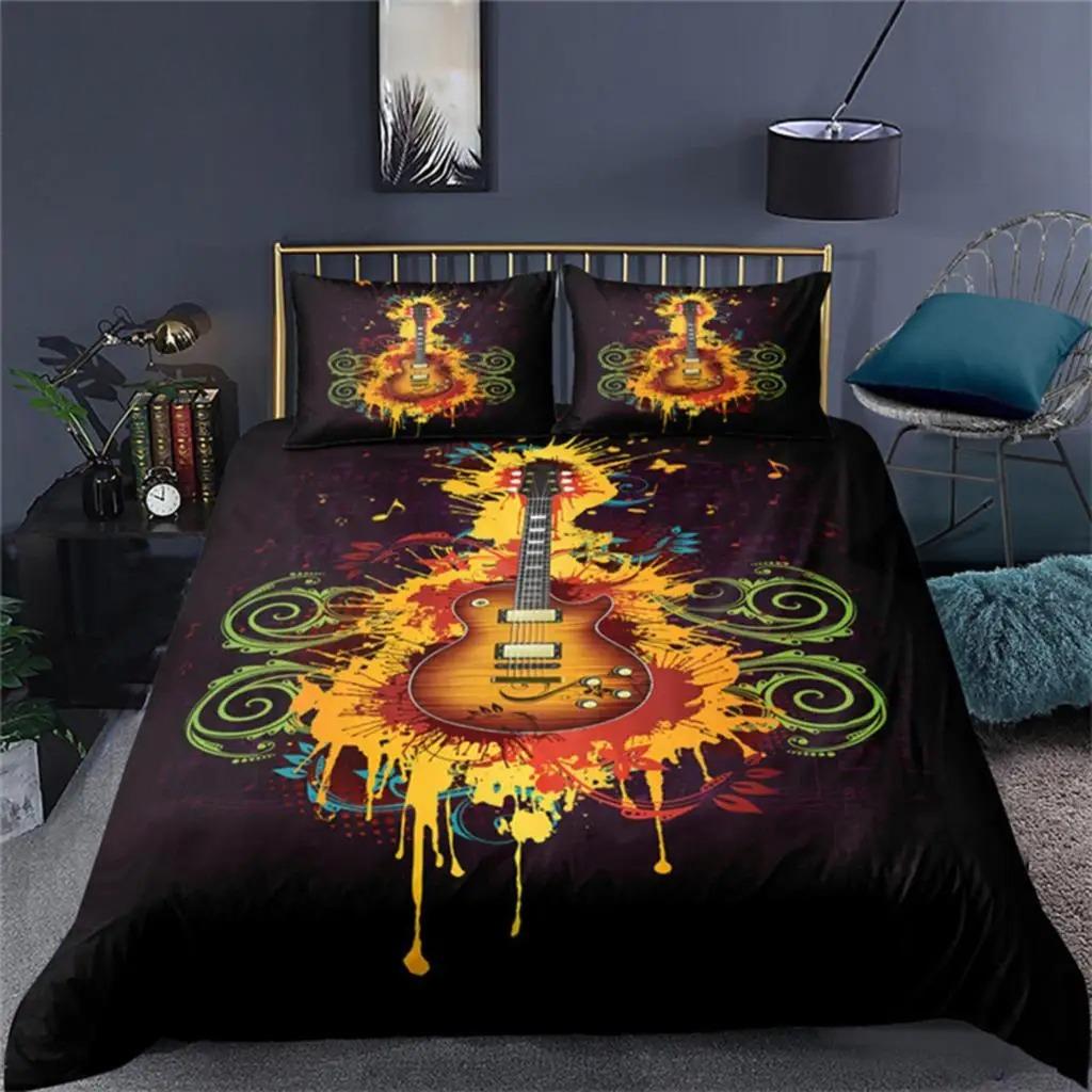 Vintage Guitar Duvet Cover Set Music Theme 2/3Pcs Bedding Set For Kids Teens Adult Microfiber Print Comforter Cover Pillowcase