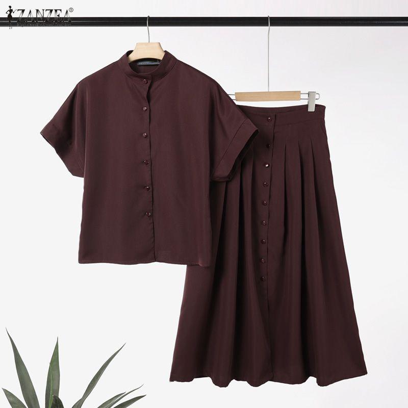 ZANZEA Women Short Sleeve Blouse and Long Skirts Summer Two Piece Suit Sets