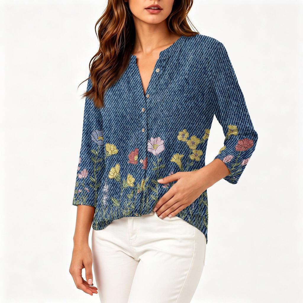 Women Vintage Floral Print Henley Button Neck Three Quarter Sleeve Linen Cotton Blouse Casual Loose Fit Shirt