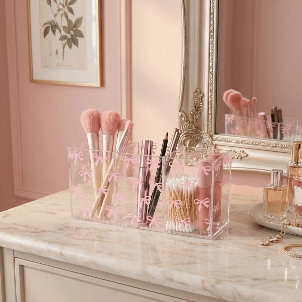 Transparent Makeup Brush Holder 3 Grids Stationery Storage Box Pen Display Case  for Living Room