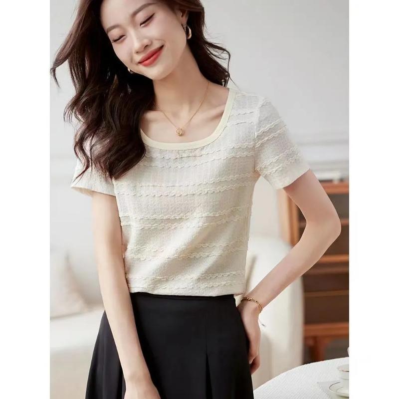 Women's Cream Textured Knit Tee Square Neck Short Sleeve Slim Fit Casual Top