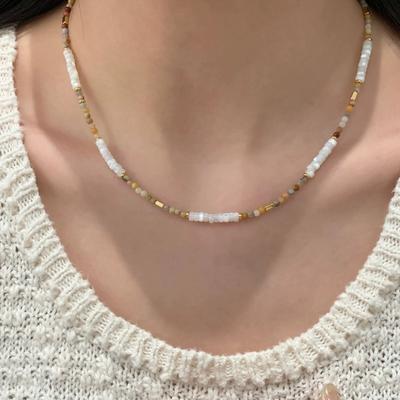 White Shell Earthy Beaded Choker Necklace – Gold Accent Minimalist Boho Necklace for Women, Dainty Everyday Jewelry Gift
