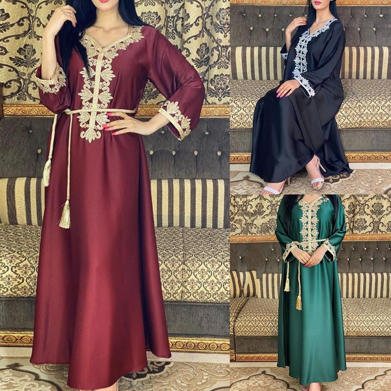 Ramadan Muslim Gold Embroidery Dresses Abayas Dubai Casual Kaftan Robe Ethnic Costumes with Long Sleeve for Womens