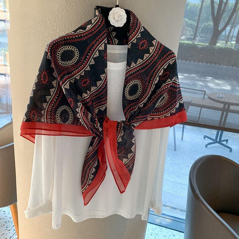 [Variety sunscreen shawl retro printed square scarf women's summer silk cotton silk scarf