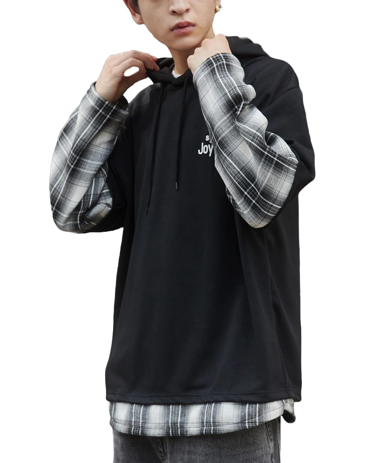 

WEGO Checkered Layered Hooded Korean Loose Size Black Men s Hoodie, Shirt, Unisex, Fall/Winter Clothing, Casual, Style, Fit, Big, Gift, Spring, чёрный