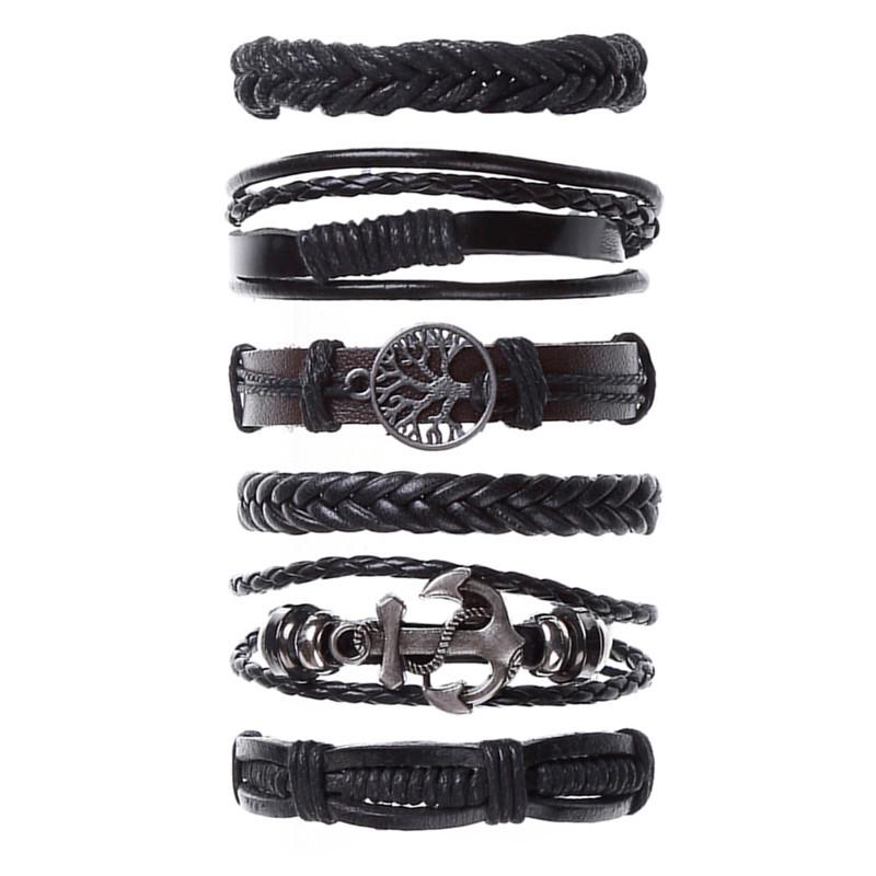 Punk 6-Piece Genuine Leather Multi-Layer Bracelet Set