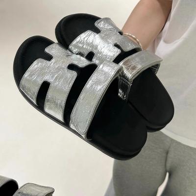 European Station Leather Retro Thick-soled Silver Velcro Cool Slippers Women's Flat-soled H Second Uncle Slippers Casual Beach Shoes