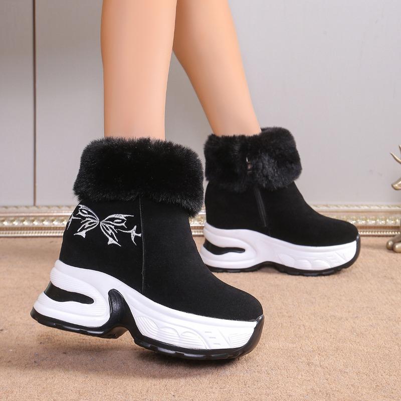 Women's Wide Width Suede Snow Boots, Plush Lined Height Increasing Booties, European Style Winter Ankle Boots