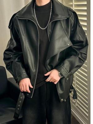 High-End PU Leather Motorcycle Jacket with Heavyweight Lapel for Men & Women - Loose Fit, Spring/Autumn.