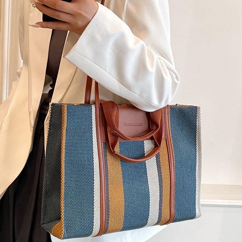 Summer Women's Bags Women's New Canvas Bag Commuter Bag Striped Hand Tote Bag