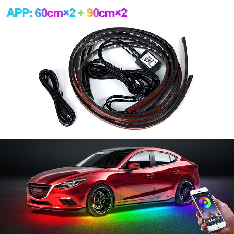 SEAMETAL 4Pcs Car Led Flow Light Colorful Chassis Light Strip Flexible Waterproof Car Underglow Atmosphere Lamp Bar App Control APP 60 X 90