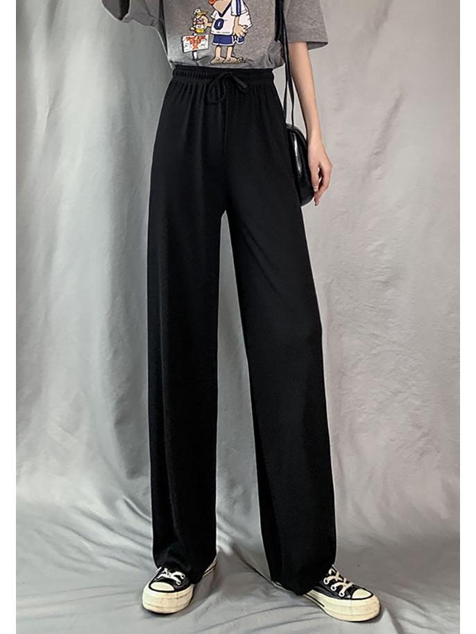 

2025 Женские брюки с высокой талией из ледяного шелка с широкими штанинами - Весенне-летние тонкие, длиной до пола, свободные, прямого кроя, с повседневным драпированным дизайном One Size