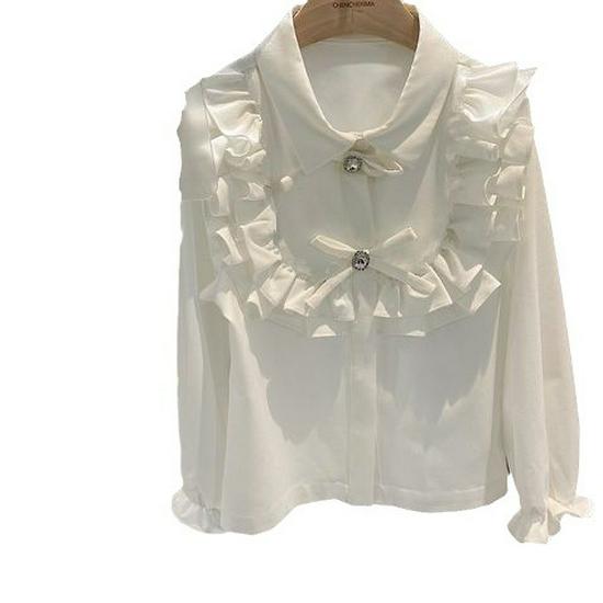 2024 Spring Girls' Ruffled French Princess Long Sleeve Flare Cuff Shirt