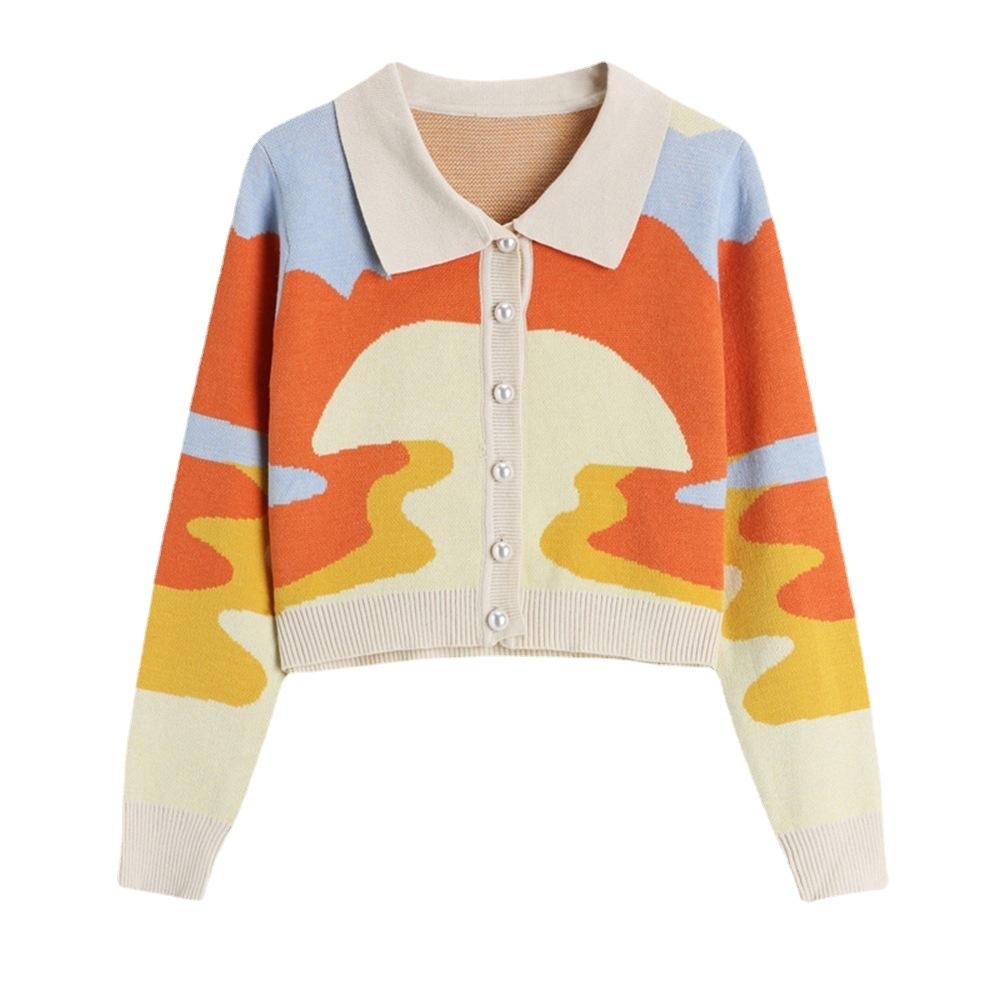 Women's Sweater Spring and Autumn New Polo Collar Short Knitted Cardigan