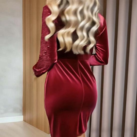 Dámské sametové mini šaty s flitry a zavinovacím efektem, dlouhý rukáv, výstřih do V, řasené, přiléhavé, třpytivé, na párty, koktejl, do klubu