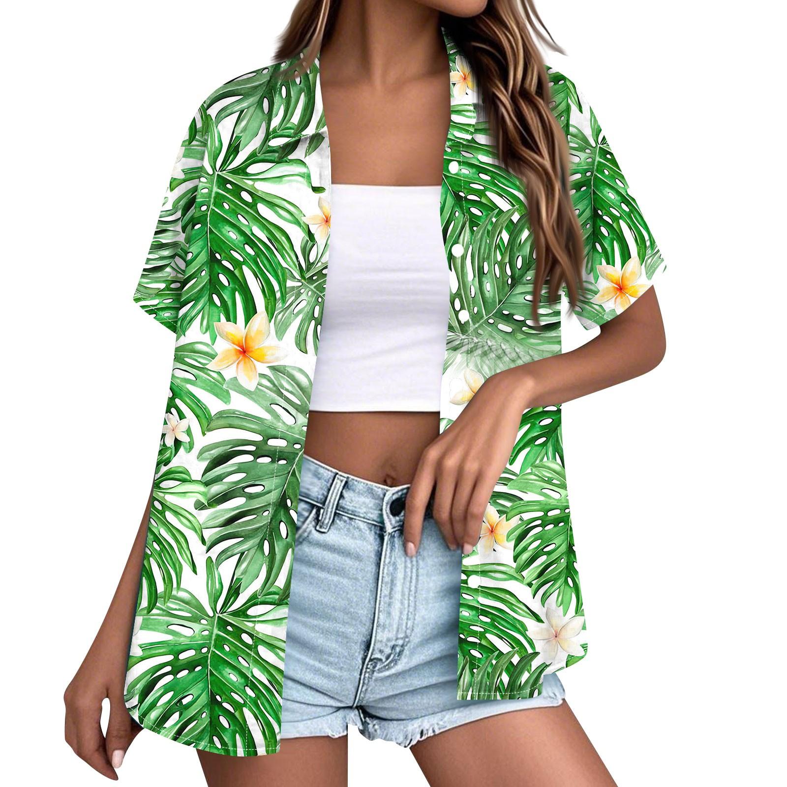 Women s Fashion Casual Hawaiian Printed Short Sleeve Buttoned Lapel Blouse Top XL зелёный